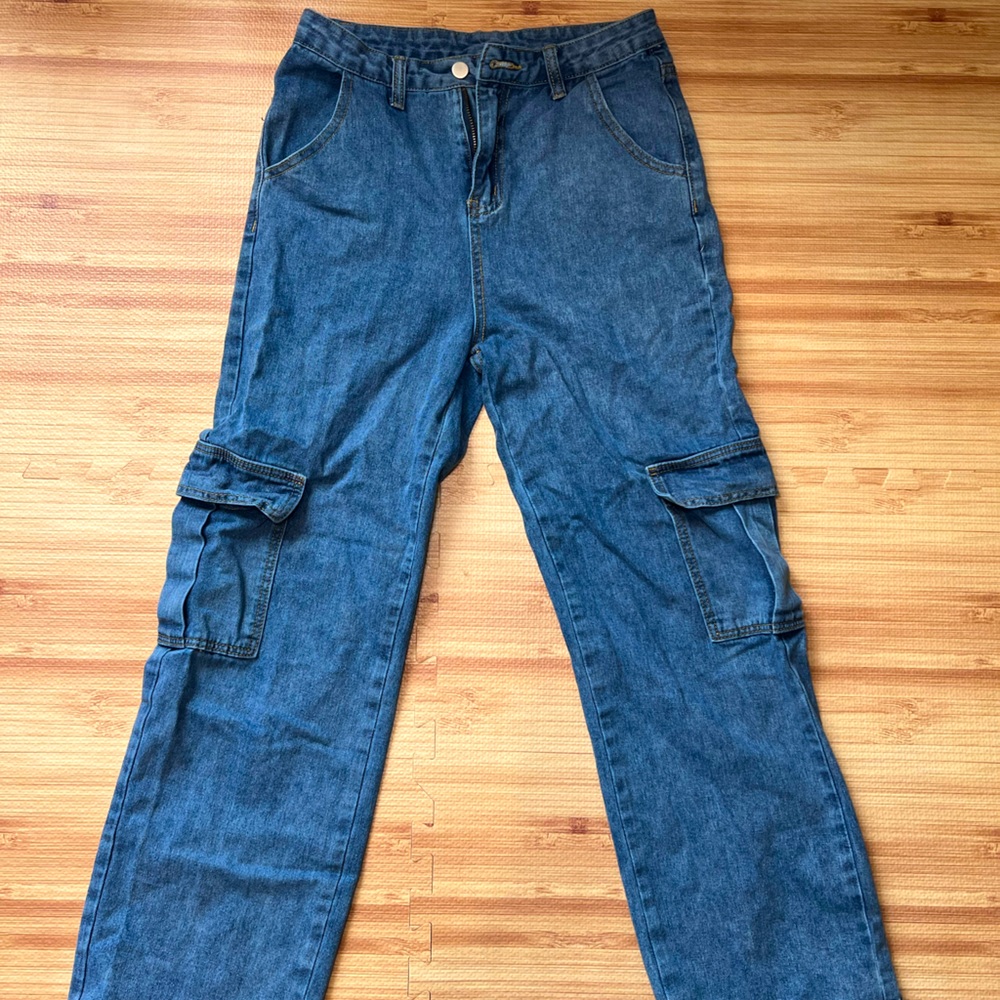 Wide Leg Cargo Jeans with Side Pockets Small ROMWE High Waist Denim